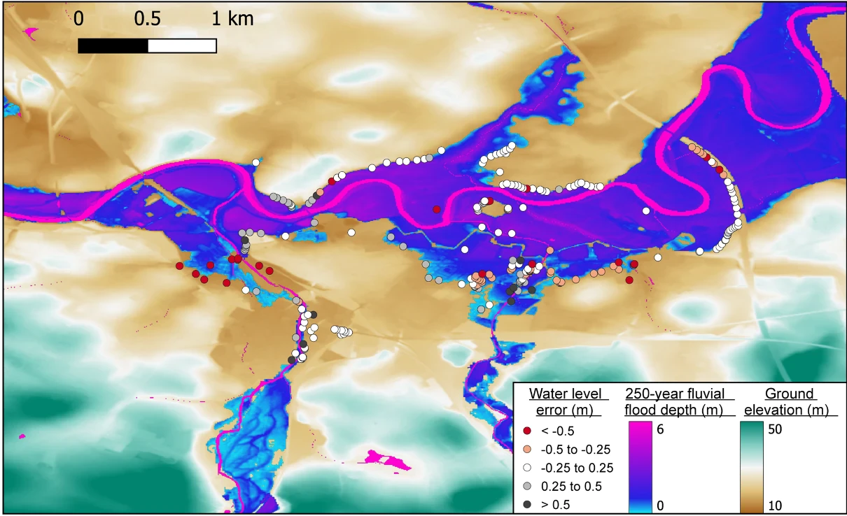 A model predicted 1-in-250-year flood water depth and extent for Carlisle, showing location of maximum water elevations, colour coded by error magnitute