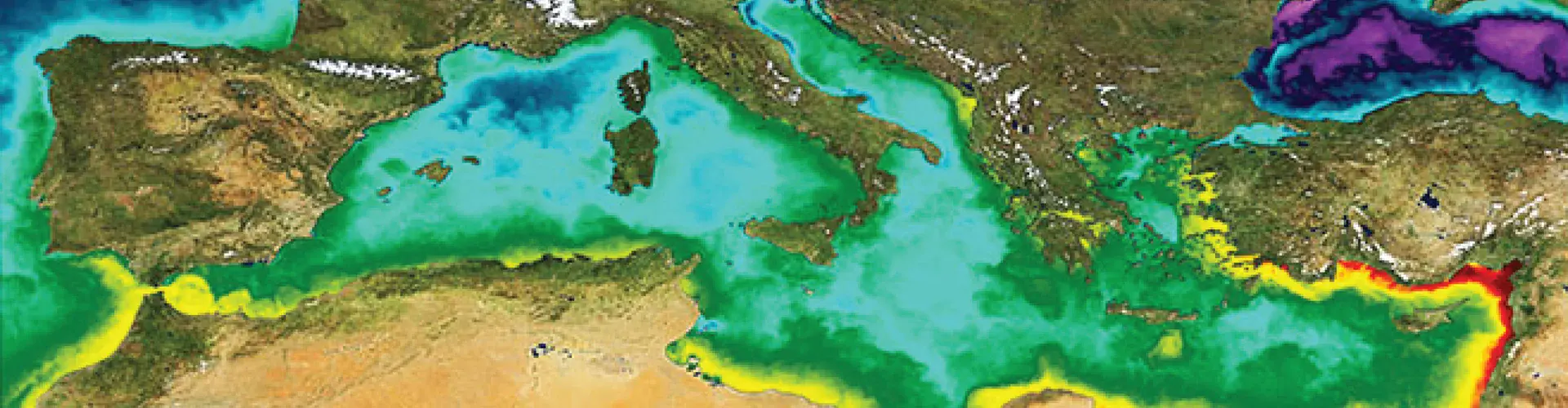 A day's sea surface temperature values in the Mediterranean, ranging from about 5 degrees Celsius (blue/violet) to 33 degrees Celsius (dark red) during October 2011 (Credit: Land: ESA;  Sea: Medspiration/ESA/Ifremer)
