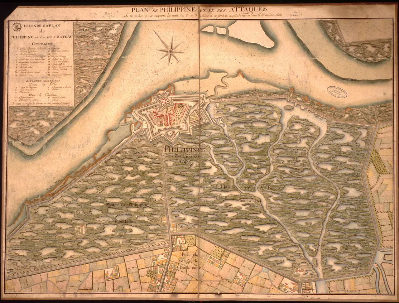 Map showing the strategic flooding of the Philippine area, southwestern Netherlands, in 1747 at the time of a French military attack (Credit: Ministère de la Défense (France), Service Historique de la Défense)