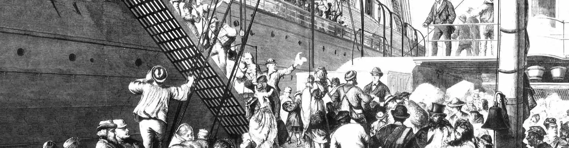 Illustration from 1874 showing German emigrants boarding a ship in Hamburg on their way to America