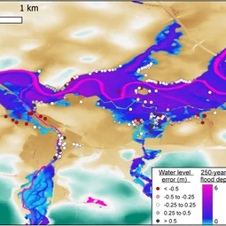 A model predicted 1-in-250-year flood water depth and extent for Carlisle, showing location of maximum water elevations, colour coded by error magnitute.png