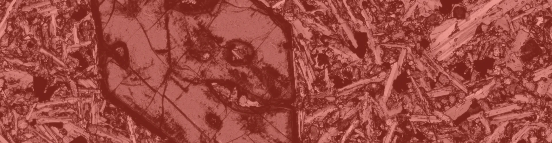 Tinted detail of a photo: Polarised-light micrograph of a large bright blue crystal with a dark rim and cracks, surrounded by a dense mesh of small needle-shaped crystals in pink, yellow and blue.
