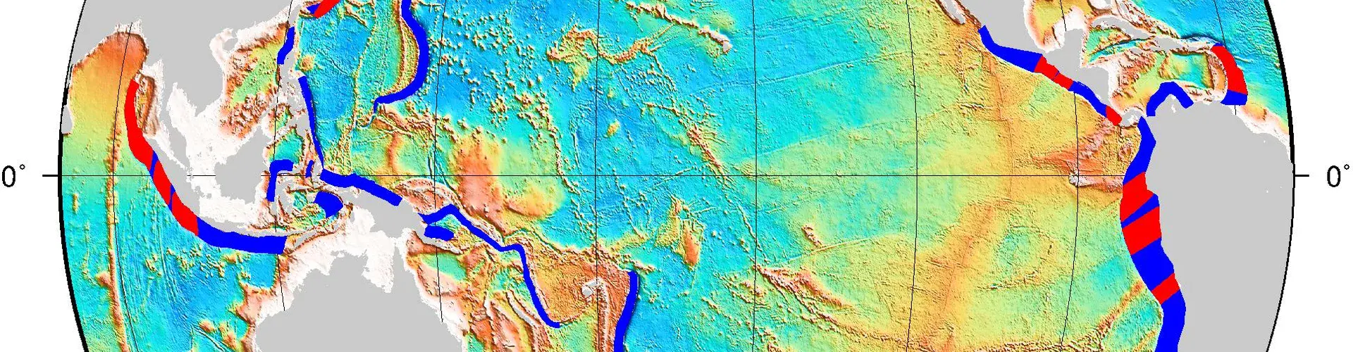 Red marks the hotspots: strong earthquakes occur more often where cracks on the seafloor overlap subduction zones (in blue). (Credit: Müller and Landgrebe)