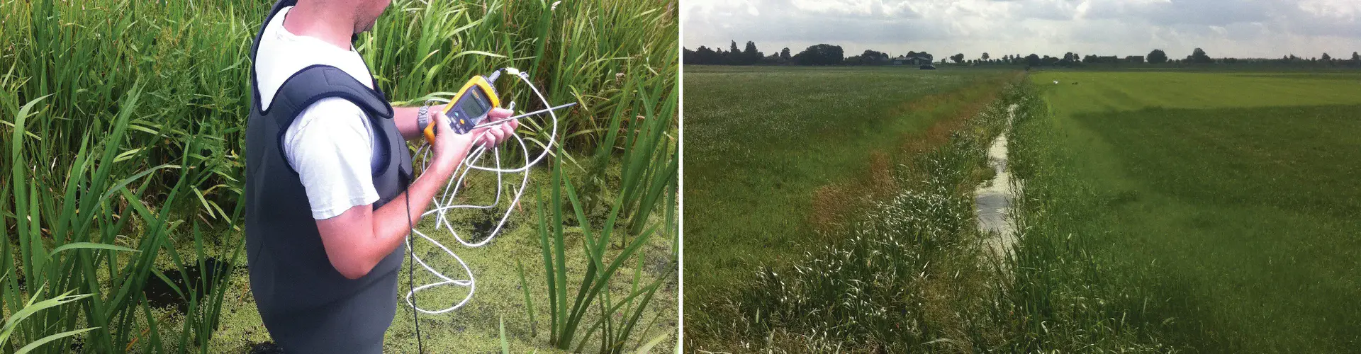 Left: Rolf Hut testing the smart waders; Right: stream in the Dutch countryside where the waders were tested (Credit: Tim van Emmerik)