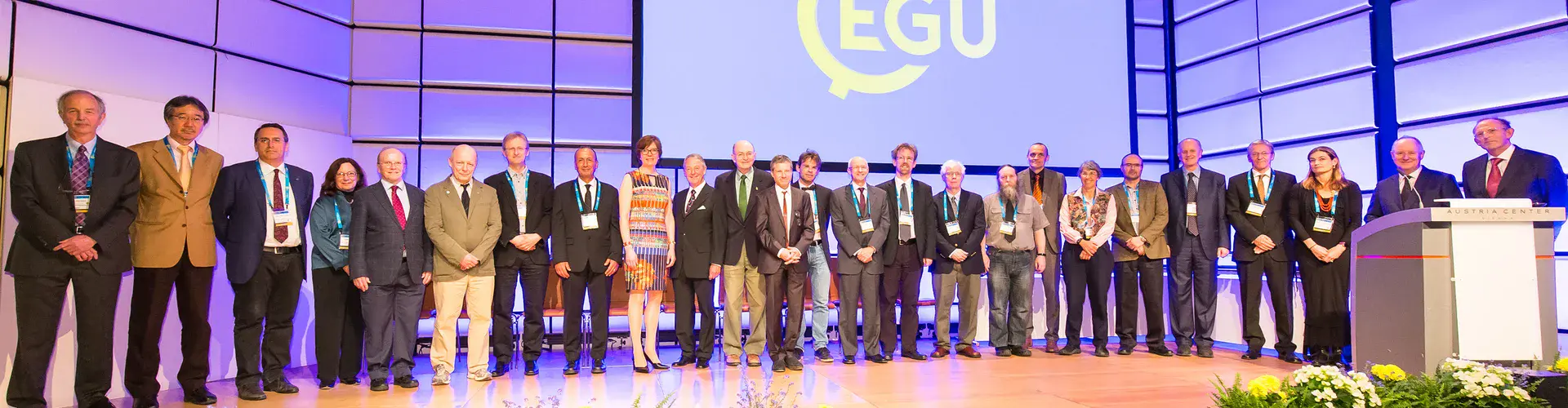 Some of last year's awardees with the EGU President and Vice-President at the EGU 2017 Awards Ceremony (Credit: EGU/Foto Pfluegl)