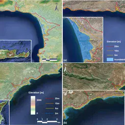 Elevation maps and areas inundated by the studied tsunamis