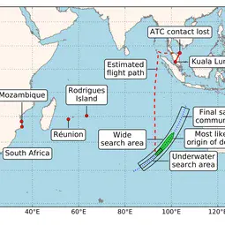 Figure 1: MH370 debris location and most likely origin compared to current underwater search area