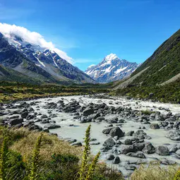 The Hooker River in Aoraki Mount Cook National Park, Aotearoa New Zealand