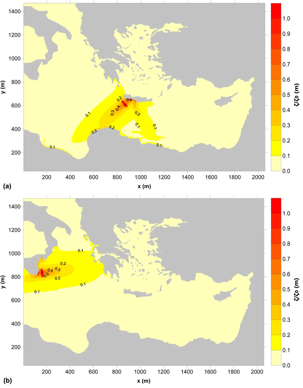 Simulated water elevation for two tsunami scenarios (Credit: Samaras et al., Ocean Science, 2015)