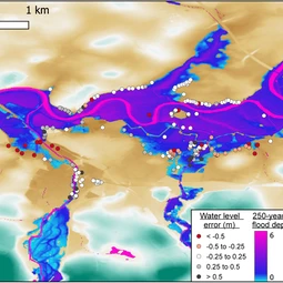 A model predicted 1-in-250-year flood water depth and extent for Carlisle, showing location of maximum water elevations, colour coded by error magnitute