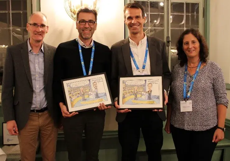 ACP co-chief executive editors Ken Carslaw and Barbara Ervens (left, right) with Thomas Koop and Uli Pöschl (center left, center right) (Credit: Hazel Gibson, EGU)