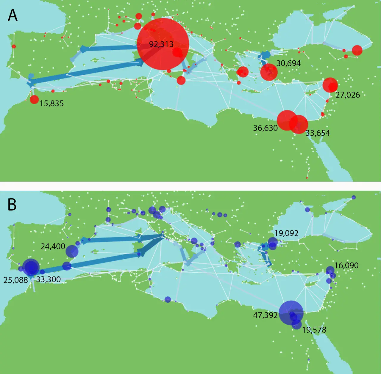 Virtual water imports and exports in the Roman world (Credit: Dermody et al., Hydrology and Earth System Sciences, 2014)