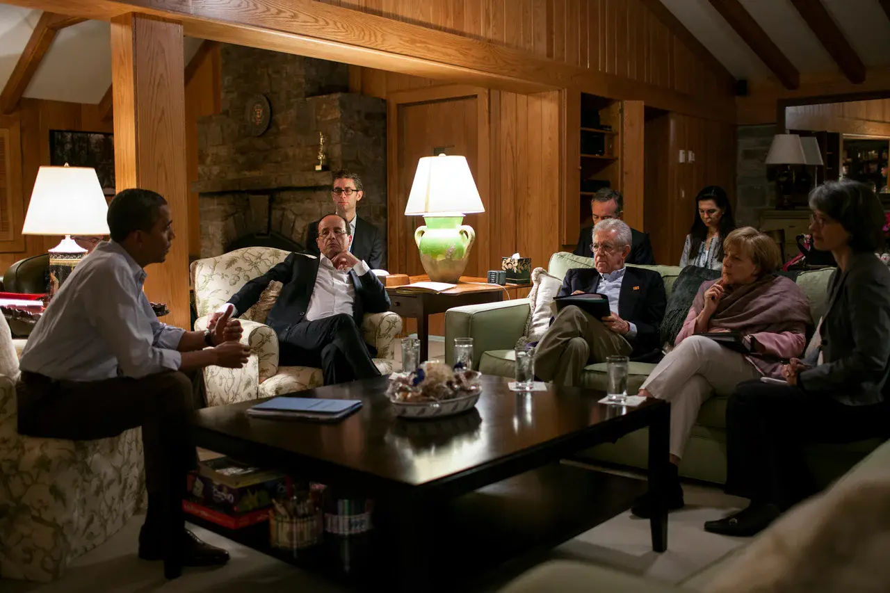 Barack Obama, Francois Hollande, Mario Monti and Angela Merkel at Camp David during the May 2012 G8 meeting