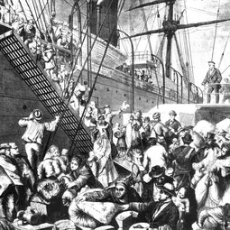 Illustration depicting Germans emigrating to America in the 19th century