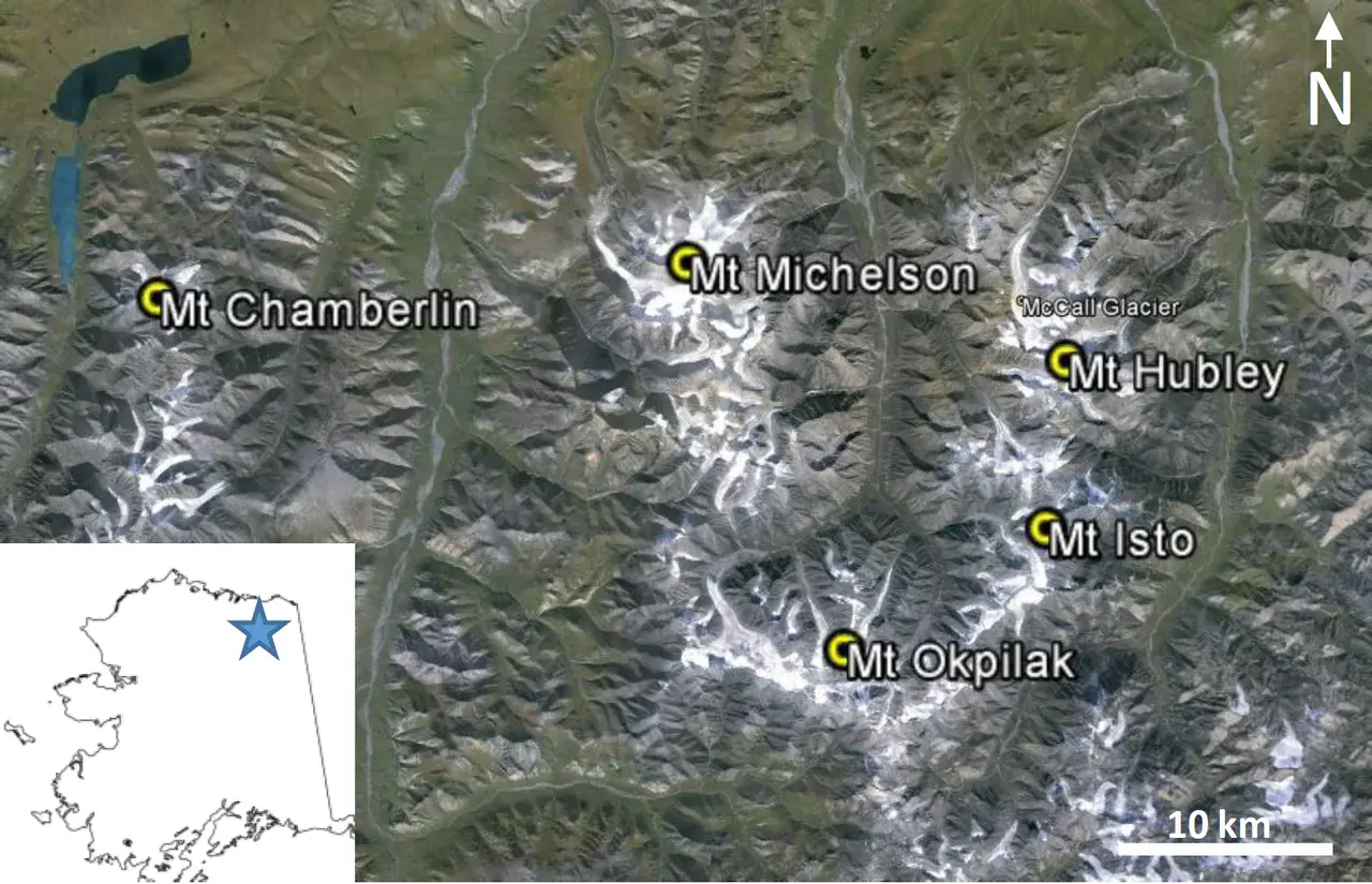 Location of the five tallest peaks in the US Arctic (Credit: Nolan & DesLauriers, The Cryosphere, 2016)