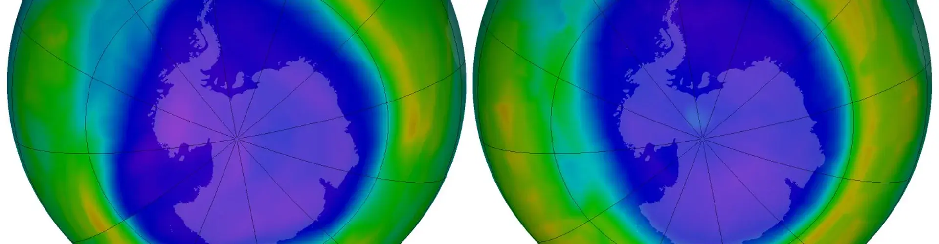 Antarctic ozone ‘hole’ in September 2006 (left) and 2011 (right). Purple and blue show areas with lower ozone (Credit: NASA’s Earth Observatory)