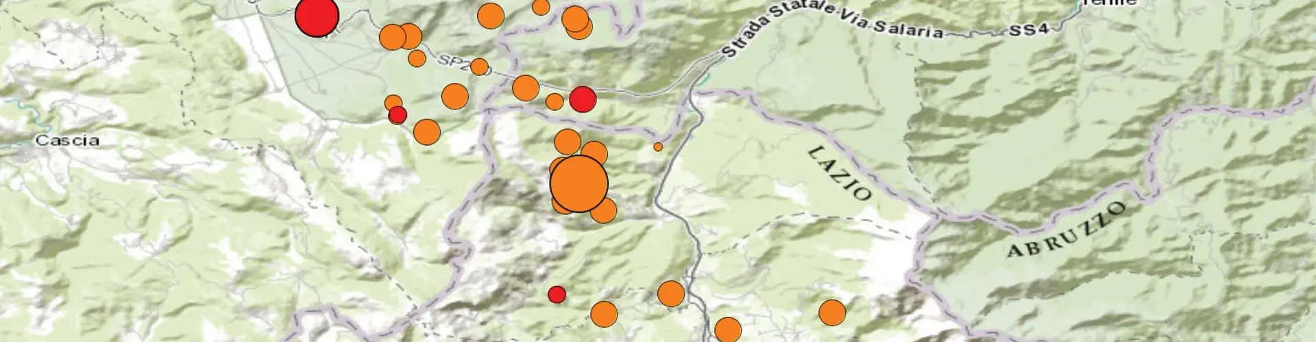 Detail of an INGV terremoti map with information on the location, magnitude and time of the central Italy earthquake and its aftershocks (Credit: INGV terremoti)