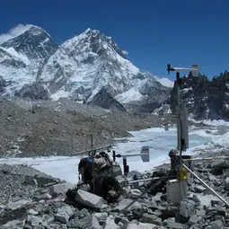 Taking measurements on a glacier in the Dudh Koshi basin