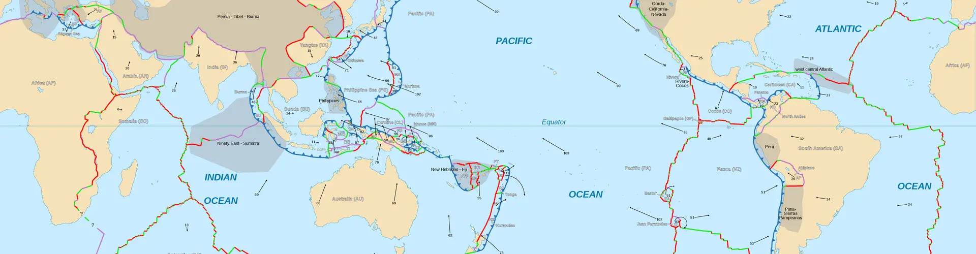 Tectonic plate boundaries (Credit: NGDC World Coast Line data/P. Bird/E. Gaba)