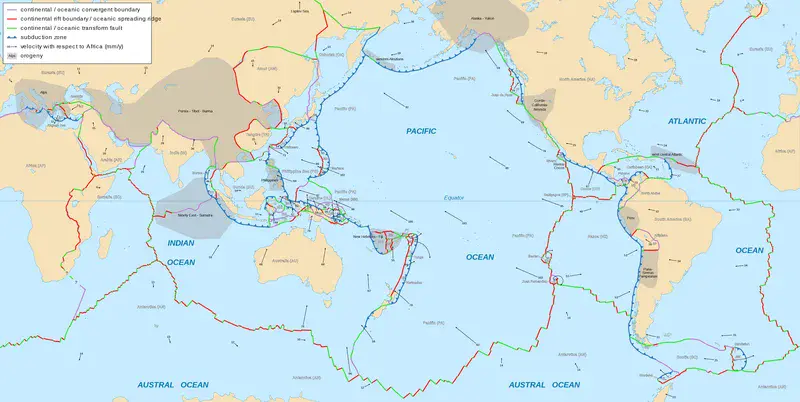 Tectonic plate boundaries (Credit: NGDC World Coast Line data/P. Bird/E. Gaba)