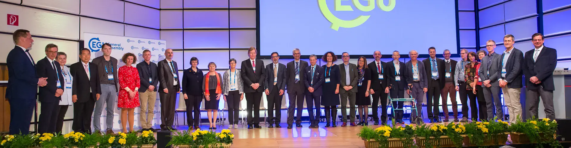 Some of the 2019 awardees with the EGU President and Vice-President at the 2019 EGU Awards Ceremony. (Credit: Photo Pfluegl)