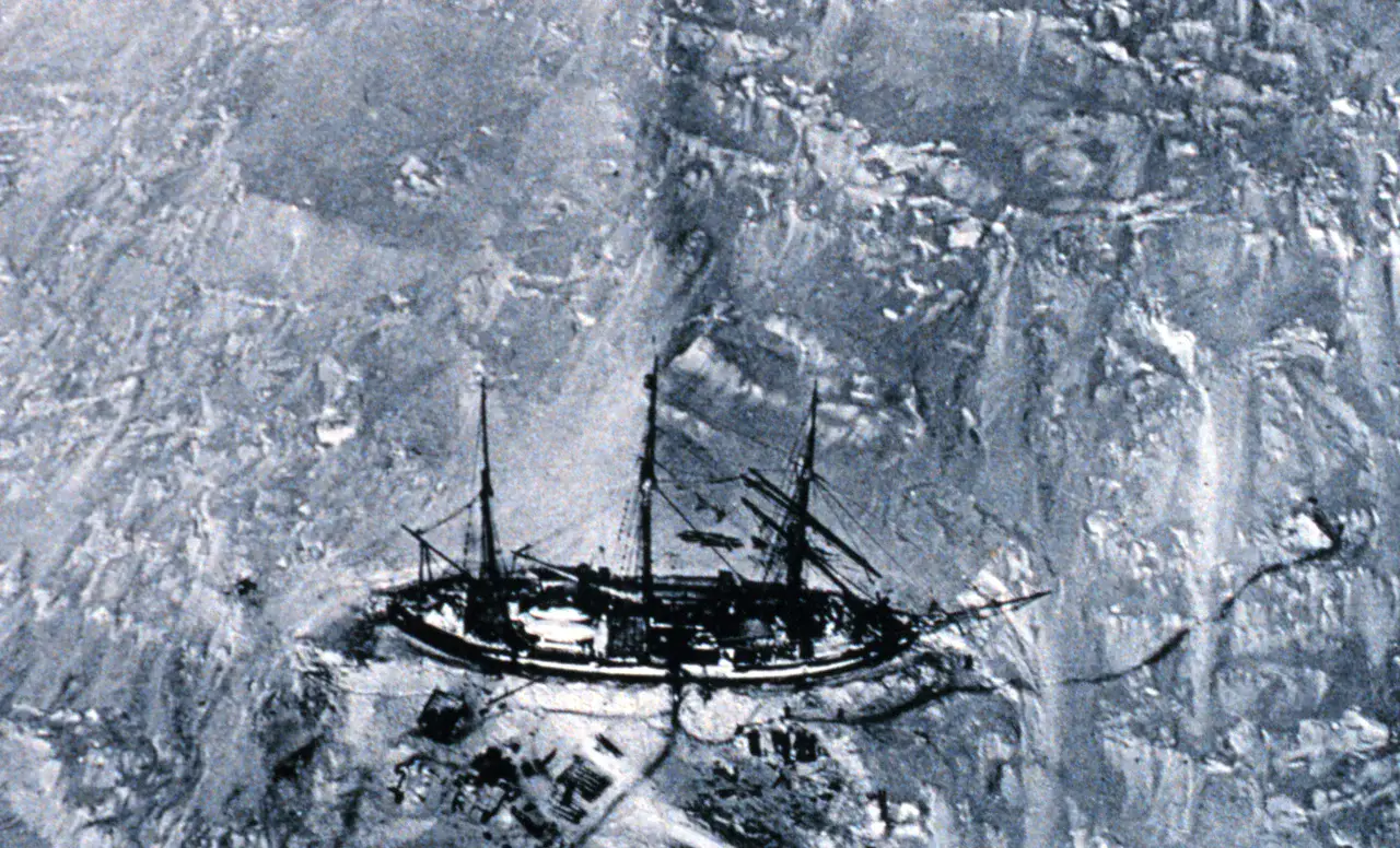 Aerial view of the Gauss (Erich von Drygalski's ship) in the ice during the 1901 German Antarctic Expedition (Credit: National Oceanic and Atmospheric Administration/Department of Commerce)