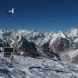 Instruments used on Mera Glacier to study the Dudh Koshi basin (Everest visible in the background)