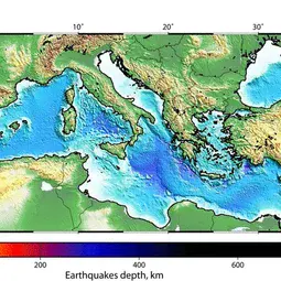Bathymetry, volcanoes (green triangles), and earthquakes in the Mediterranean area
