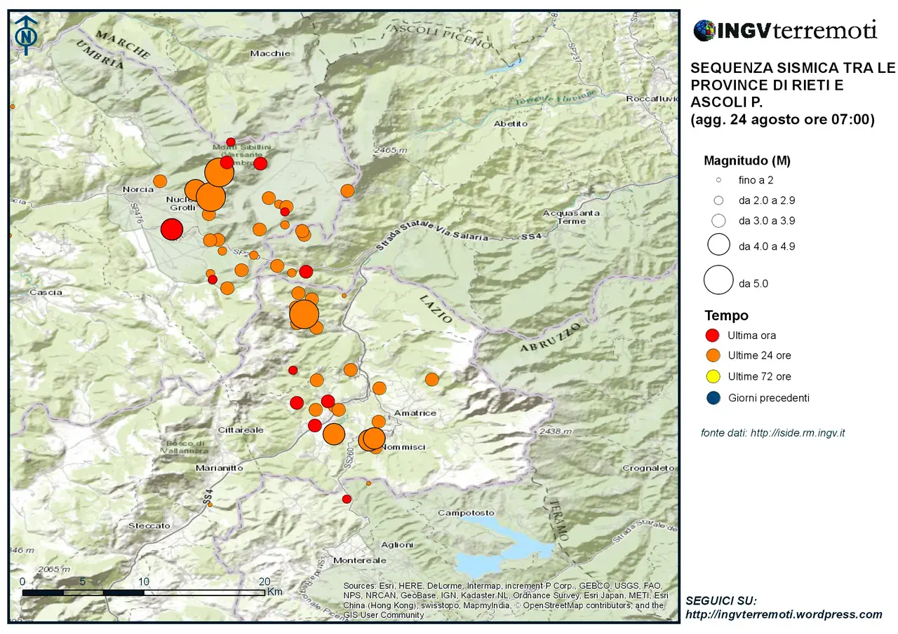 INGV terremoti map with information on the location, magnitude and time of the central Italy earthquake and its aftershocks (Credit: INGV terremoti)