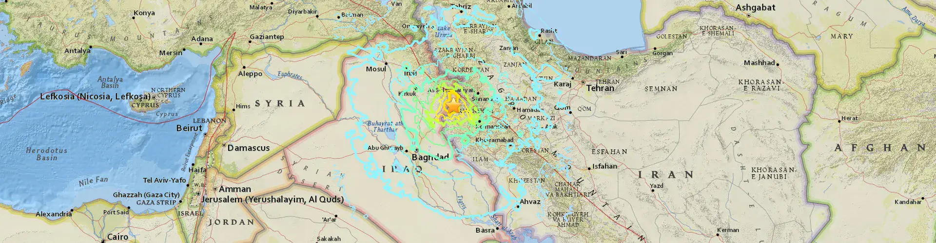 Detail of an USGS map with information on the earthquake that hit the Iraq-Iran border region (Credit: USGS)