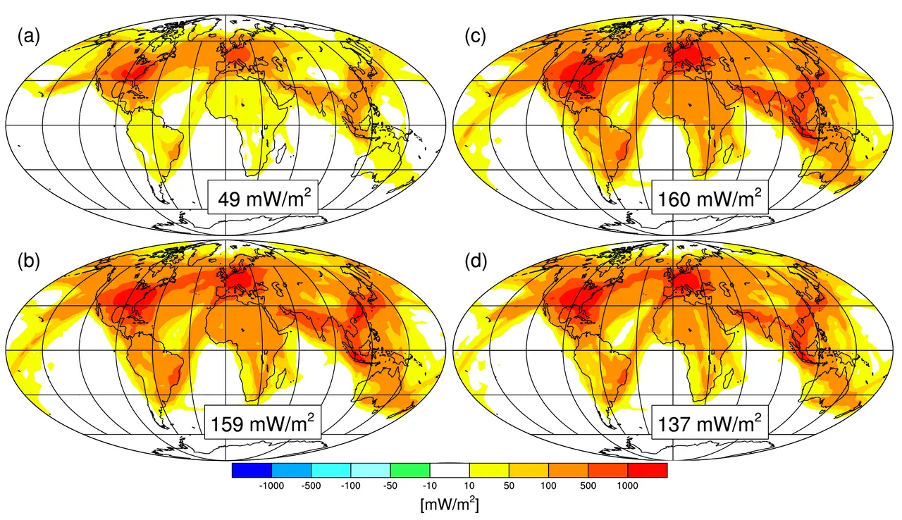 Simulation results: radiative forcing due to the formation of contrails (Credit: Bock and Burkhardt, Atmos. Chem. Phys., 2019)