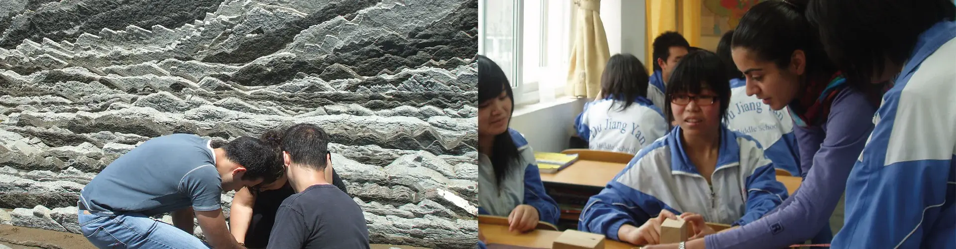 Left: previous geological fieldtrip co-organised by Miguel Gomez-Heras; Right: Solmaz Mohadjer using an earthquake machine at a Chinese school