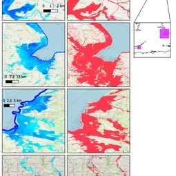 Comparison of the fluvial and coastal hazard layers produced by the national model in this paper (in blue) and the equivalent government flood hazard maps on the right (in red)