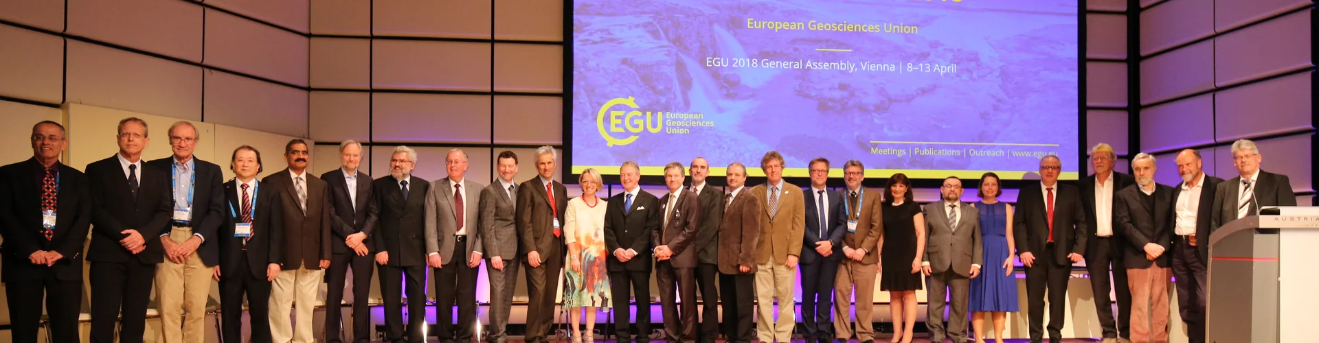 Some of last year's awardees with the EGU President and Vice-President at the EGU 2018 Awards Ceremony (Credit: EGU/Foto Pfluegl)