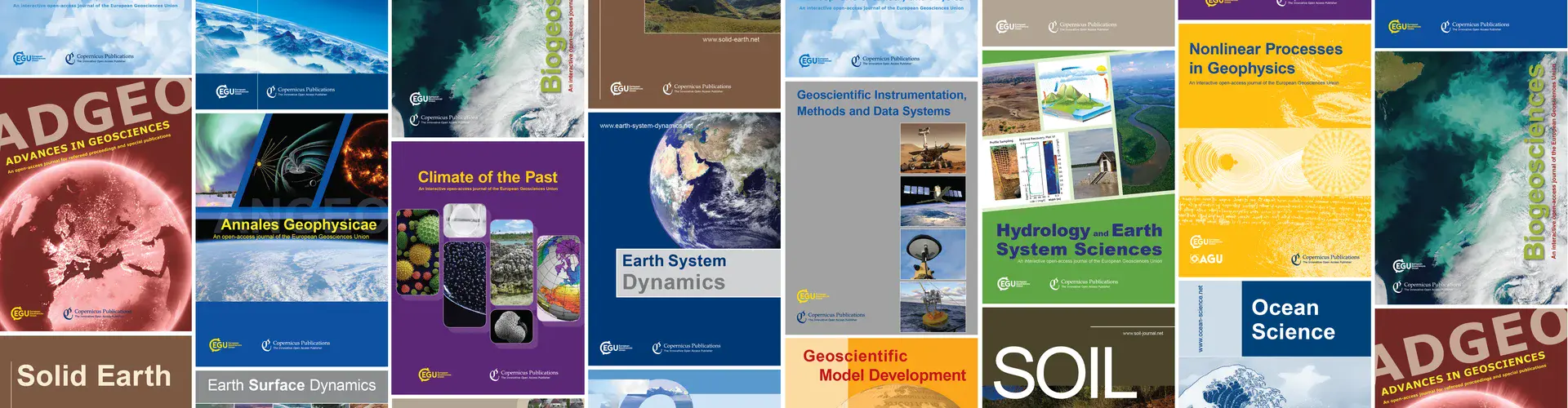 Covers of all 17 EGU journals published by Copernicus