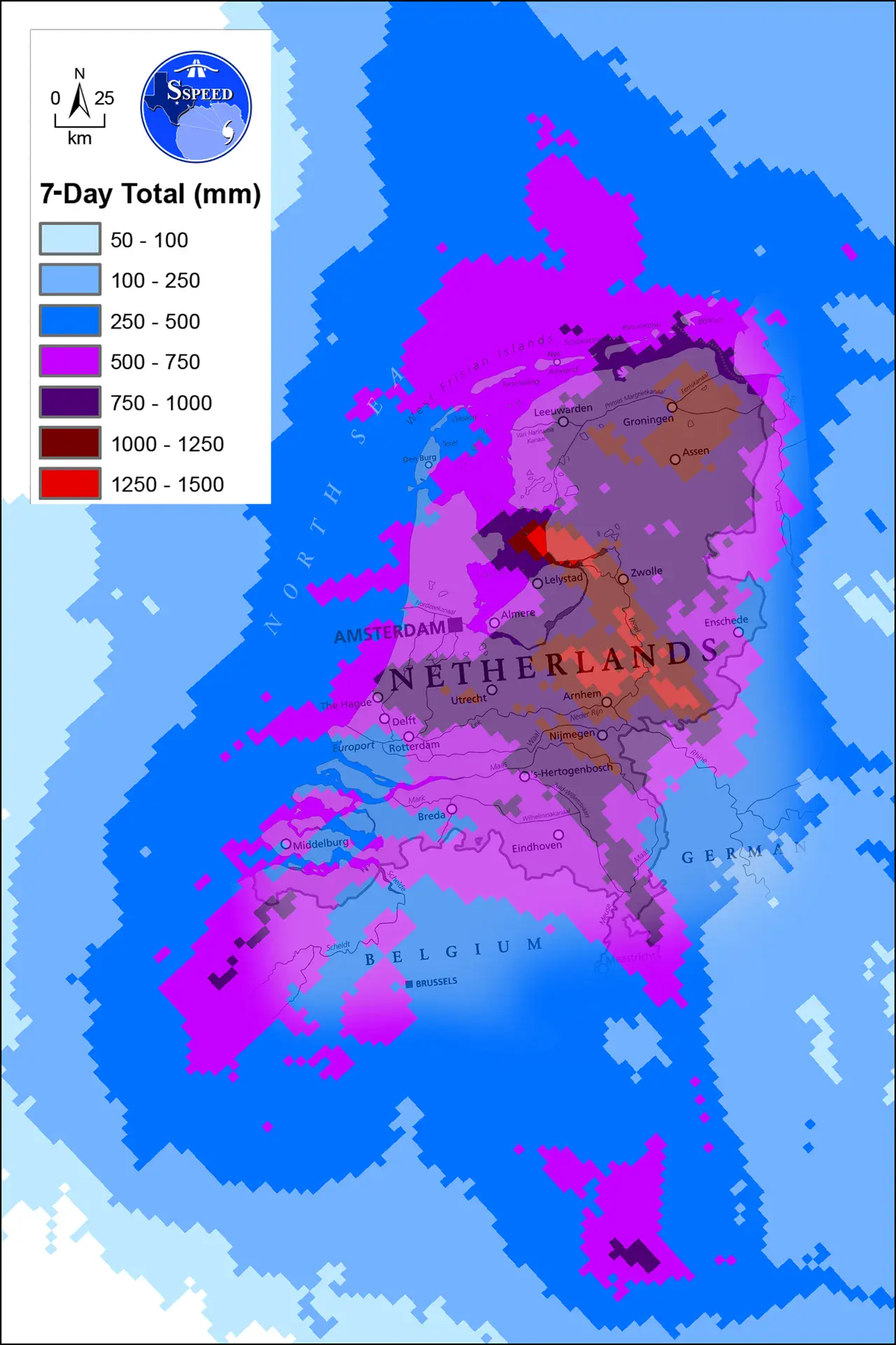 Harvey rainfall map overlaid onto a map of the Netherlands to illustrate the size and extent of the flooding (Credit: SSPEED Center/Rice University)