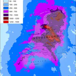 Harvey rainfall map overlaid onto a map of the Netherlands to illustrate the size and extent of the flooding