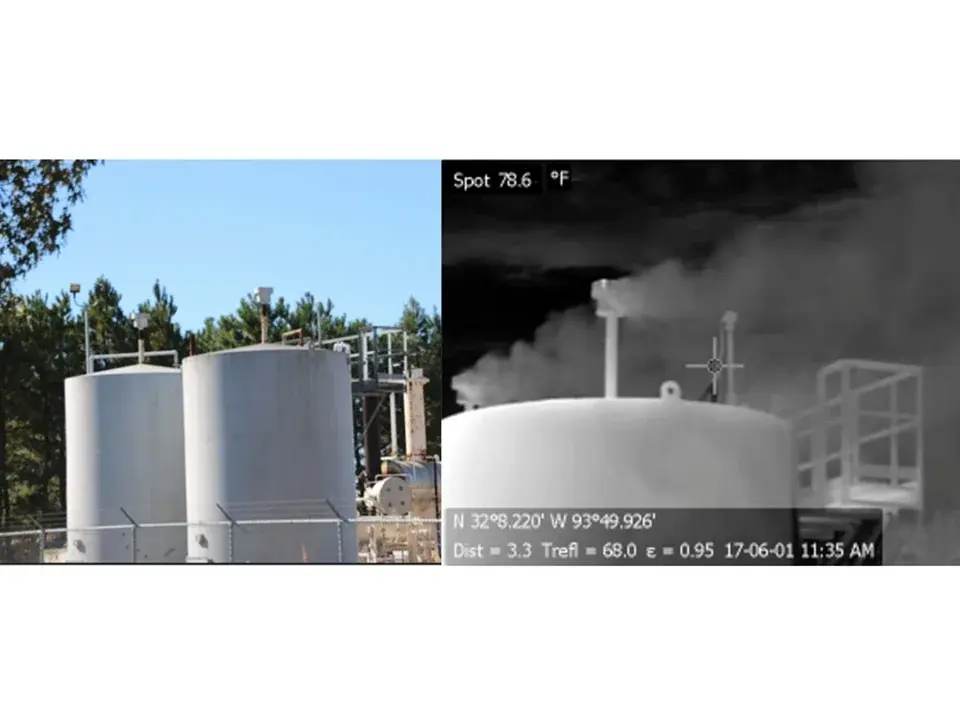 Photographs of gas storage tank taken with visible and infrared cameras (Credit: Howarth, Biogeosciences, 2019)