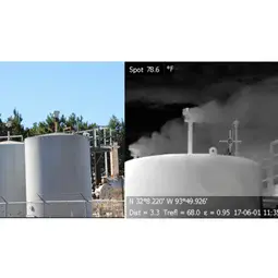 Photographs of gas storage tank taken with visible and infrared cameras