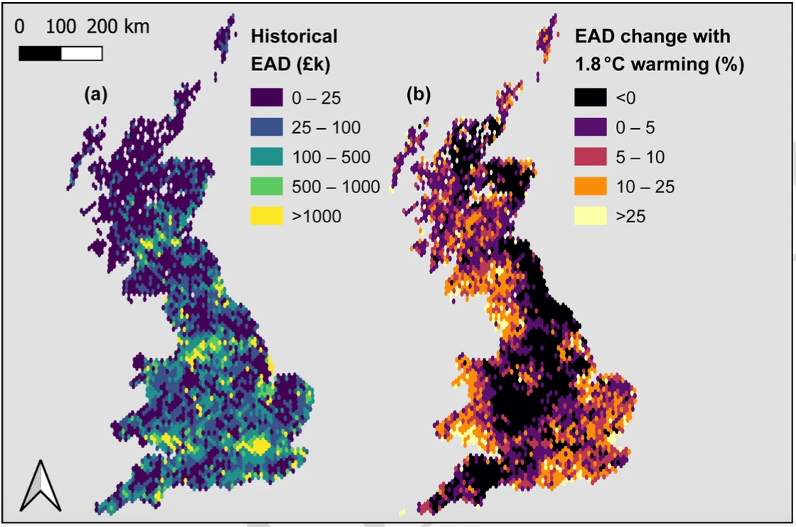 Historical expected annual damage (EAD) in GBP billion at 2020 values, and calculated EAD percentage increase with 1.8 degrees global warming
